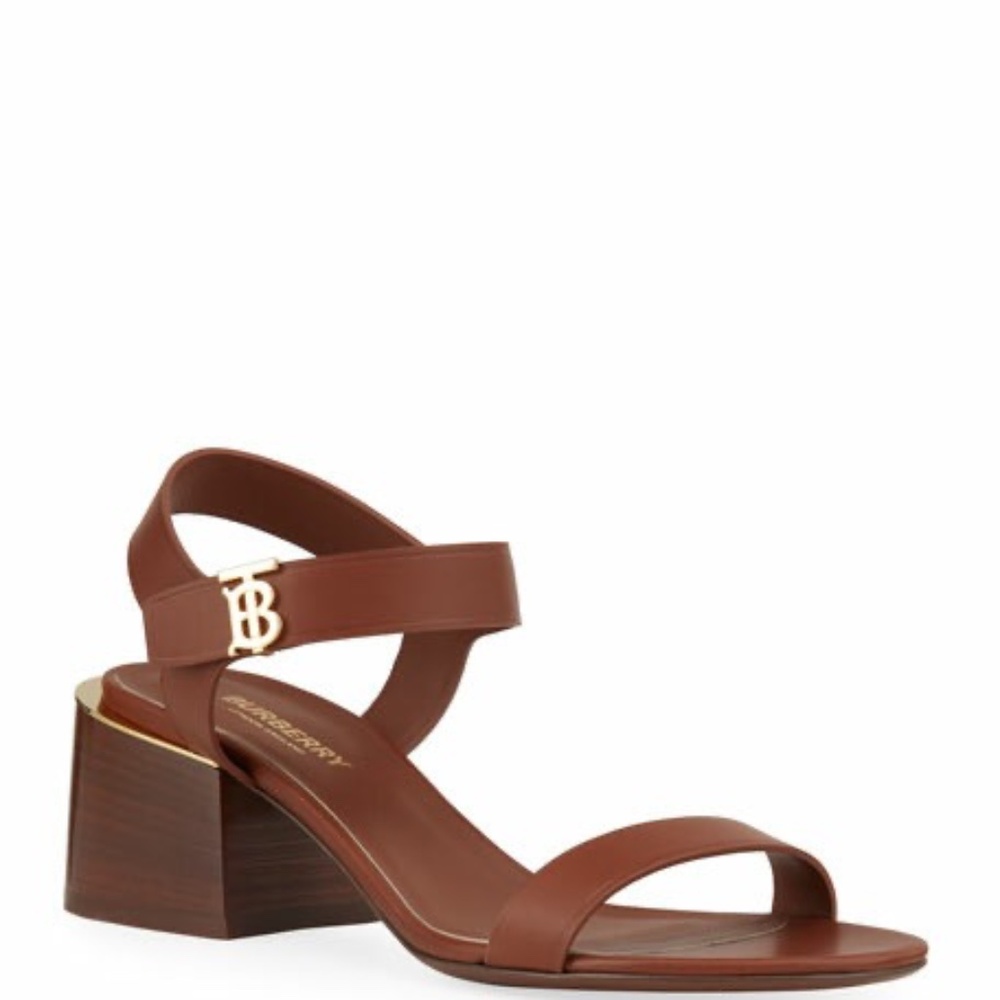 BURBERRY ALF HOLLYWELL 50 SANDALS TAN WITH GOLD TB SIDE STRAP LOGO 38.5